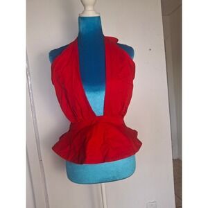 No Pise La Grama Red Cotton Halter Peplum Top Deep V-Neck Daniela Panaro Medium